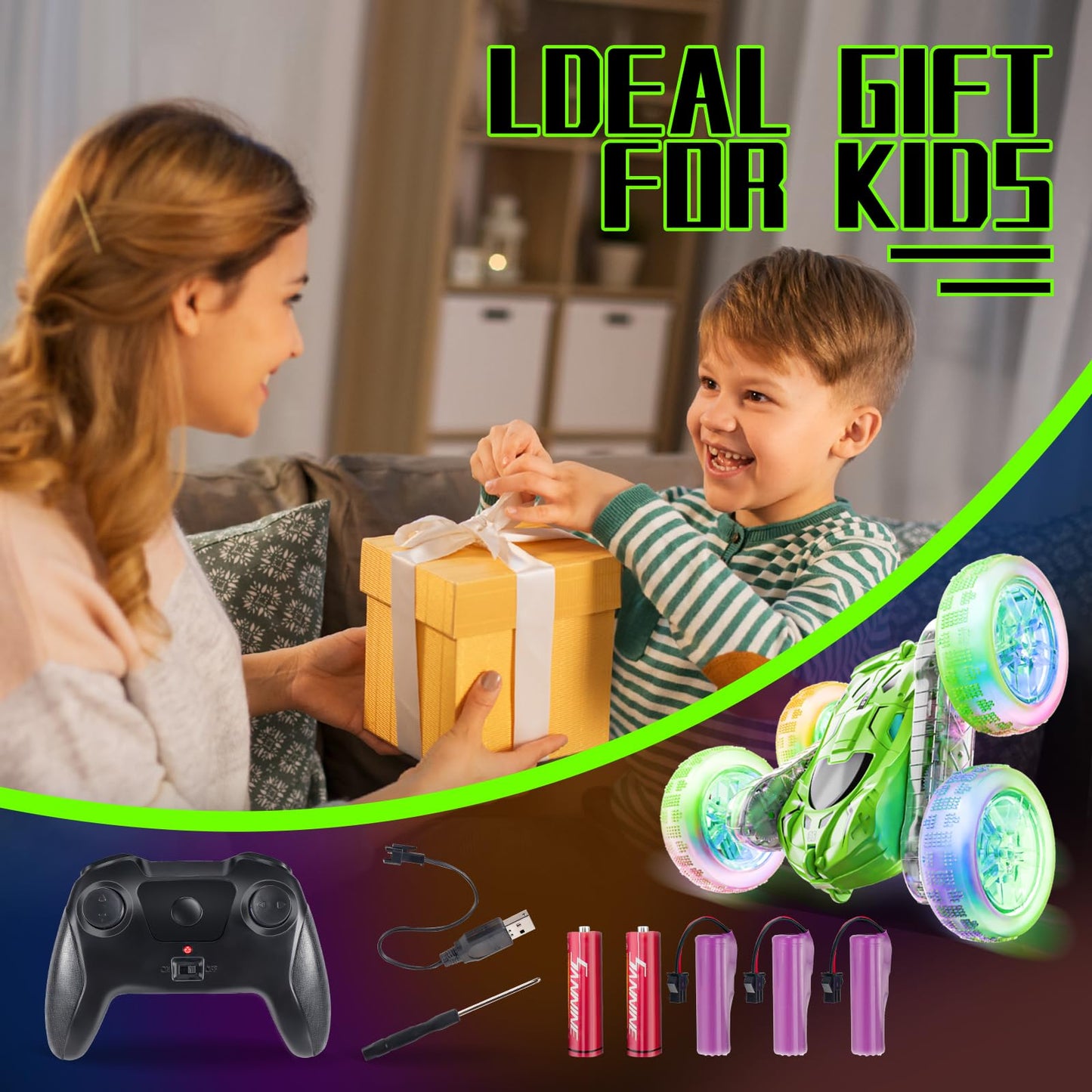 YouCute Remote control cars for Kids Age 4 5 6 7 8 9 10+ Year Old Boys Girls RC Stunt Car Toys Birthday (Green)