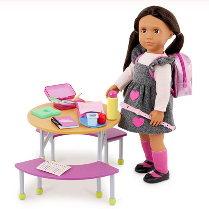 Our Generation backpack and school supplies set for 18-inch dolls, featuring 16 colorful accessories for imaginative play.