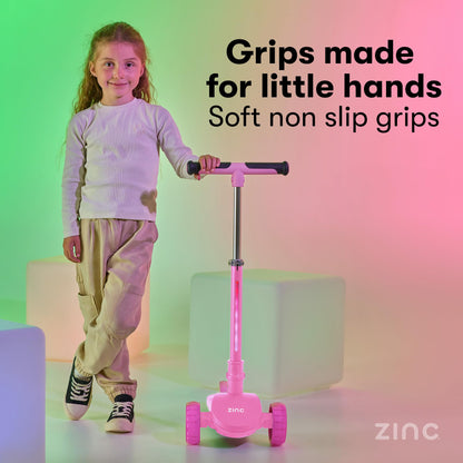 Zinc 3 Wheel Folding Led Shine Scooter for Kids, Light Up Stem with 20 Light Functions, Folding, Non-Slip Grips, Adjustable Handlebar, Pink