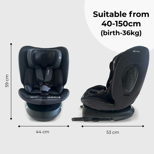 My Babiie MBCS200 360° Spin R129 Baby Car Seat – Top Tether, ISOFIX, Birth to 12yrs (40-150cm), i-Size, ERF, Group 0+/1/2/3, Rotating 360 Swivel - Black