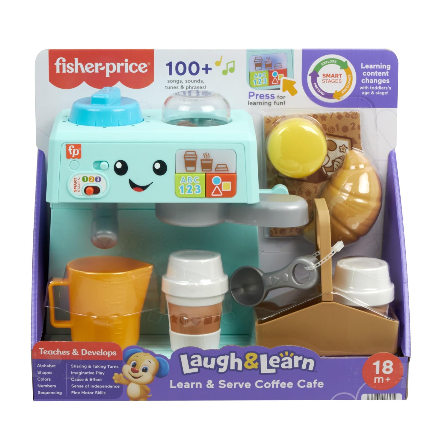 Fisher-Price Toddler Toy Learn & Serve Coffee Café Playset with Smart Stages & 10 Pieces for Ages 18+ Months, Multilanguage Version, HYR98