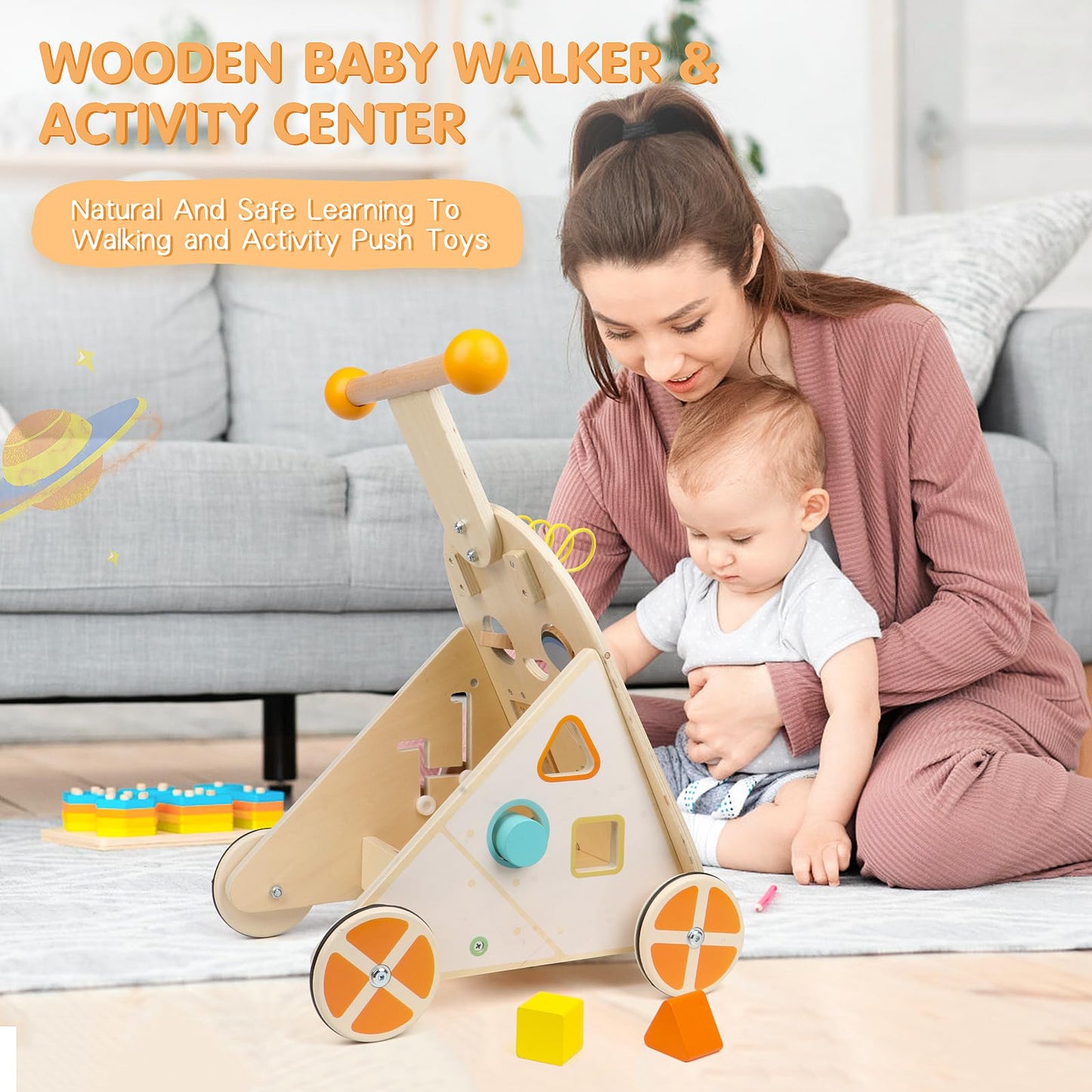 Wooden Jacootoys activity walker for toddlers with colorful educational activities, adjustable speed, push and pull baby walker.