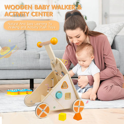 Wooden Jacootoys activity walker for toddlers with colorful educational activities, adjustable speed, push and pull baby walker.