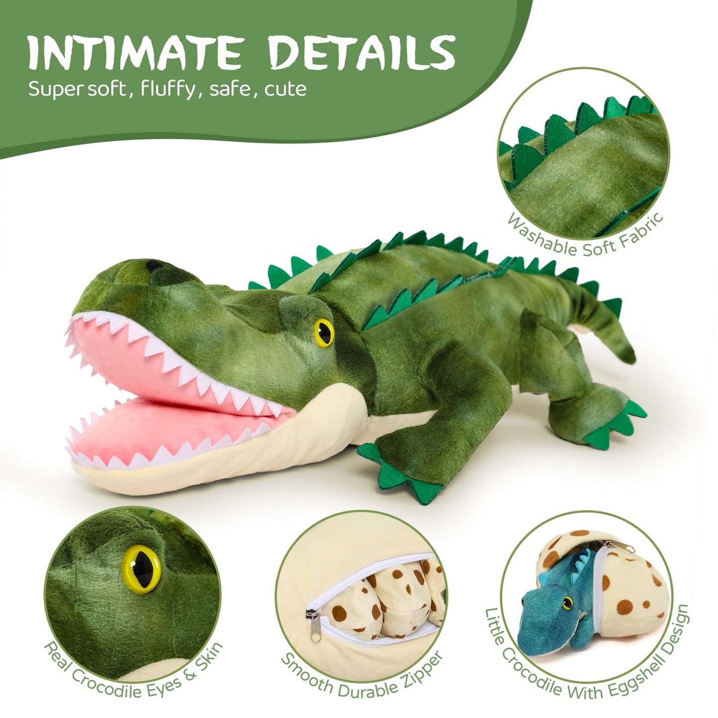 MorisMos Big Alligator Teddy Stuffed Animals, 60cm Green Mommy Fluffy Crocodile with Baby Inside, Giant Cuddly Plush Toys for Boy Large Soft Alligator for Kids Birthday Valentines Deco