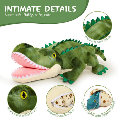 MorisMos Big Alligator Teddy Stuffed Animals, 60cm Green Mommy Fluffy Crocodile with Baby Inside, Giant Cuddly Plush Toys for Boy Large Soft Alligator for Kids Birthday Valentines Deco