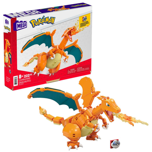 Charizard Pokémon action figure by Mega Brands, 10 cm tall, 222-piece building toy with Poke Ball pin, ideal for collectors.