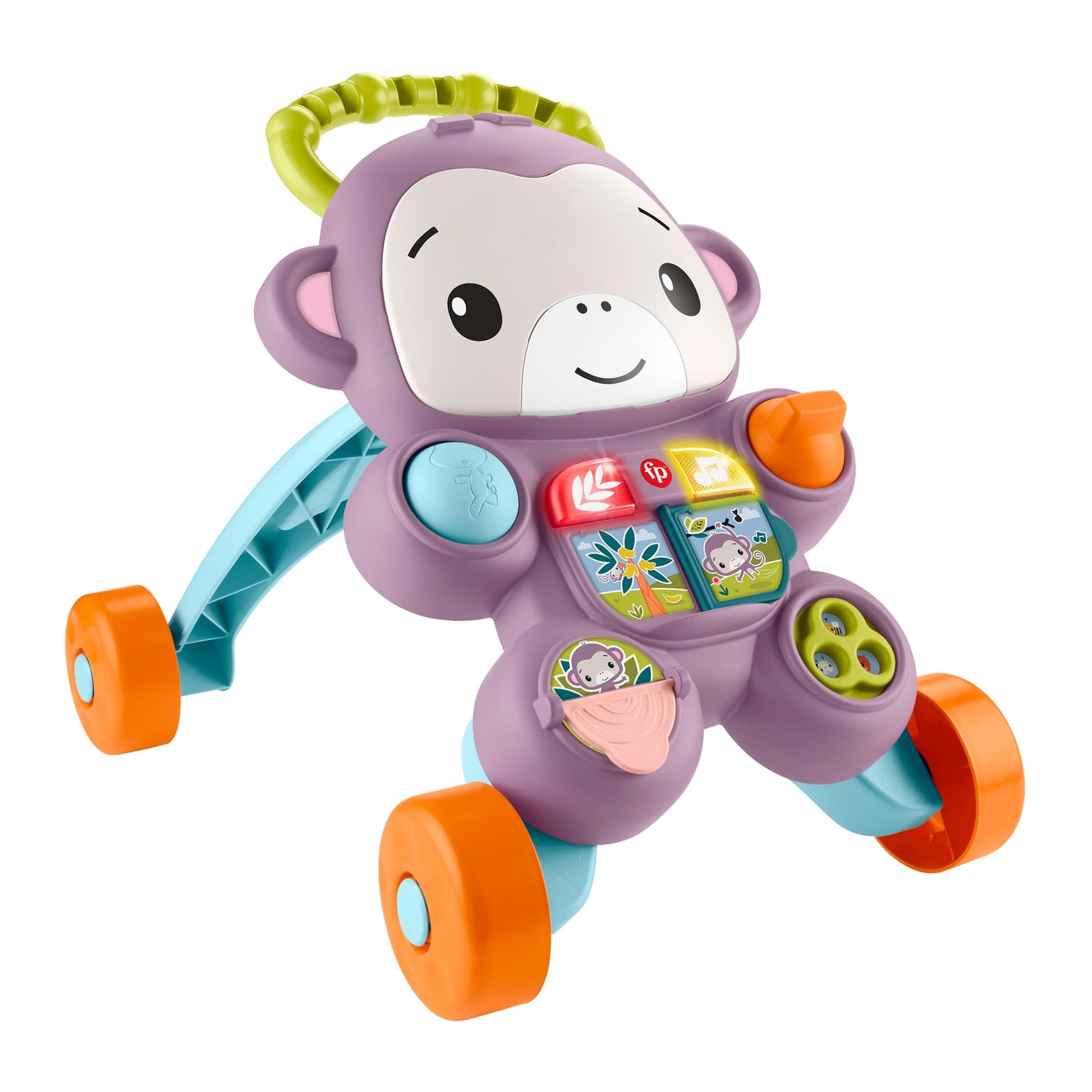 Fisher-Price Baby Walker with purple monkey toy, music, lights, and activity buttons for infants and toddlers 6+ months.