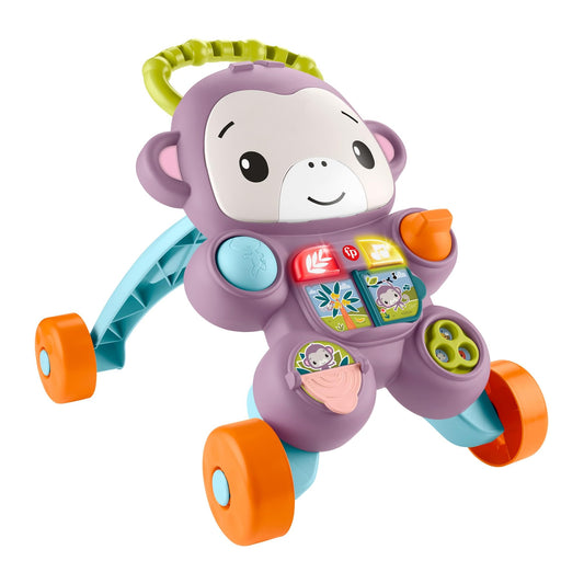 Fisher-Price Baby Walker with purple monkey toy, music, lights, and activity buttons for infants and toddlers 6+ months.