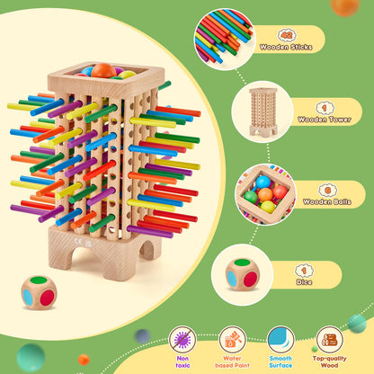 Wooden Board Game Montessori Toys, 42 Colourful Sticks Dice Game Math Educational Toy, Family Fun Ball Dropping Game, 1 to 6 Players Fine Motor Skills Travel Games for 3 4 5 6 Years Old Boy Girl