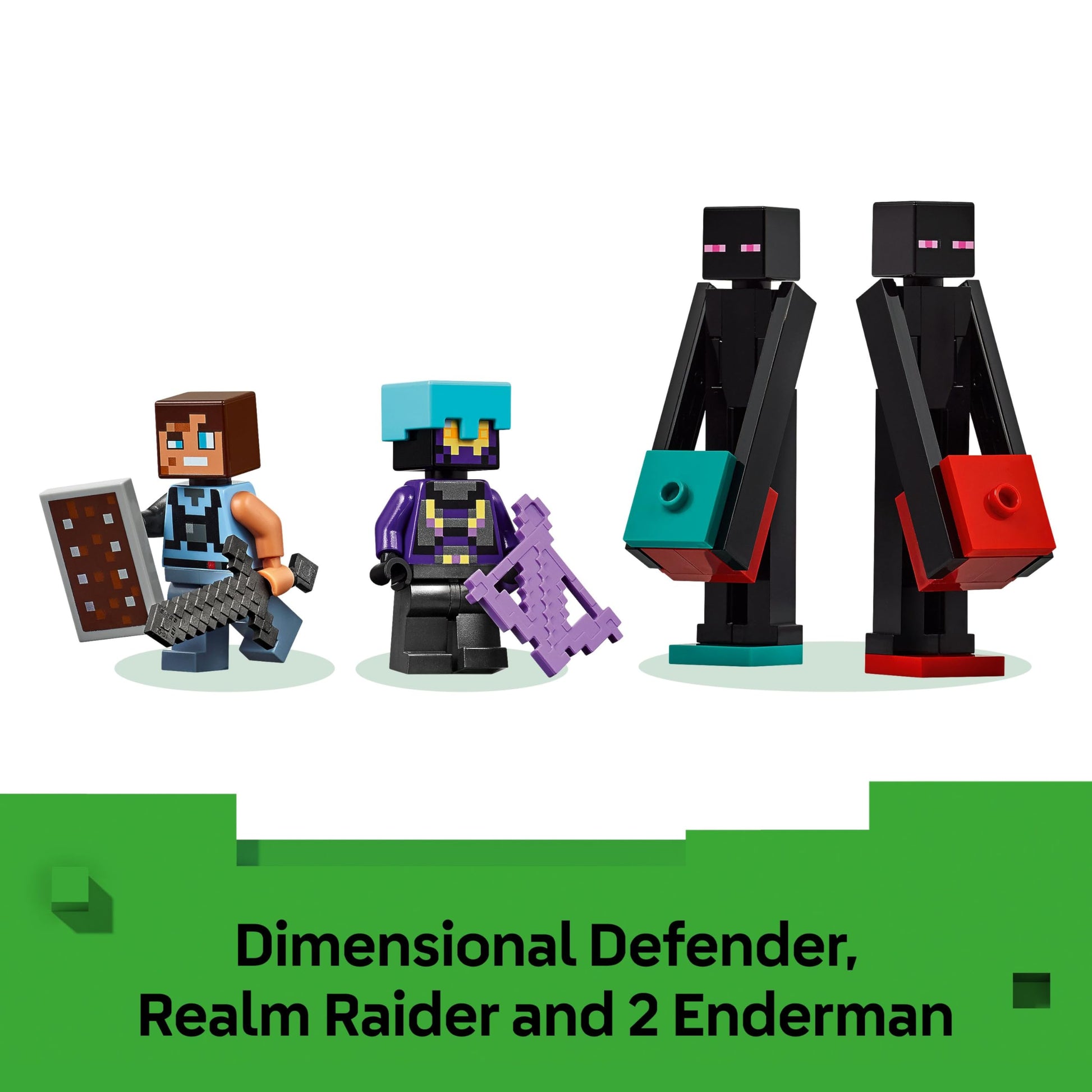 LEGO Minecraft 2in1 The Enderman Tower with Enderman mob figures and Nether portal, showing modular toy design.