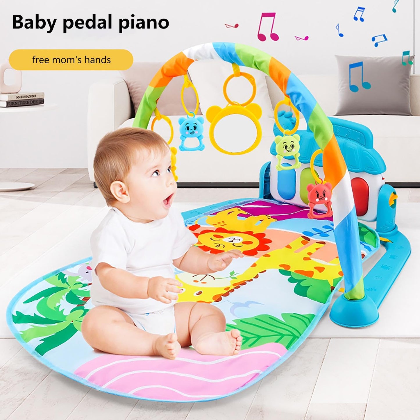 Colorful baby gym play mat with piano, toys, and music for infants aged 0-36 months, featuring cartoon piano design and sensory features.