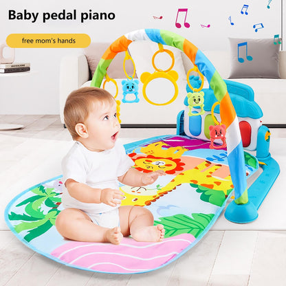 Colorful baby gym play mat with piano, toys, and music for infants aged 0-36 months, featuring cartoon piano design and sensory features.