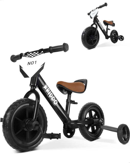 KRIDDO 2-in-1 kids tricycle and balance bike in black, featuring detachable pedals and stowable training wheels for toddlers.