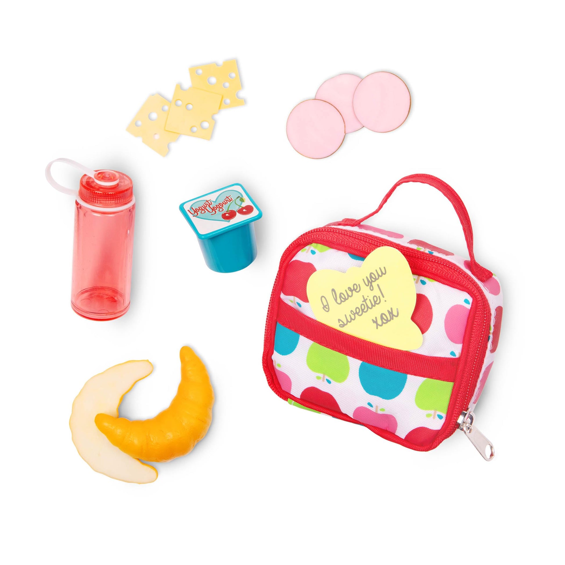 Our Generation School Lunch Bag with play food set for 18-inch dolls, perfect for pretend play and imaginative fun.