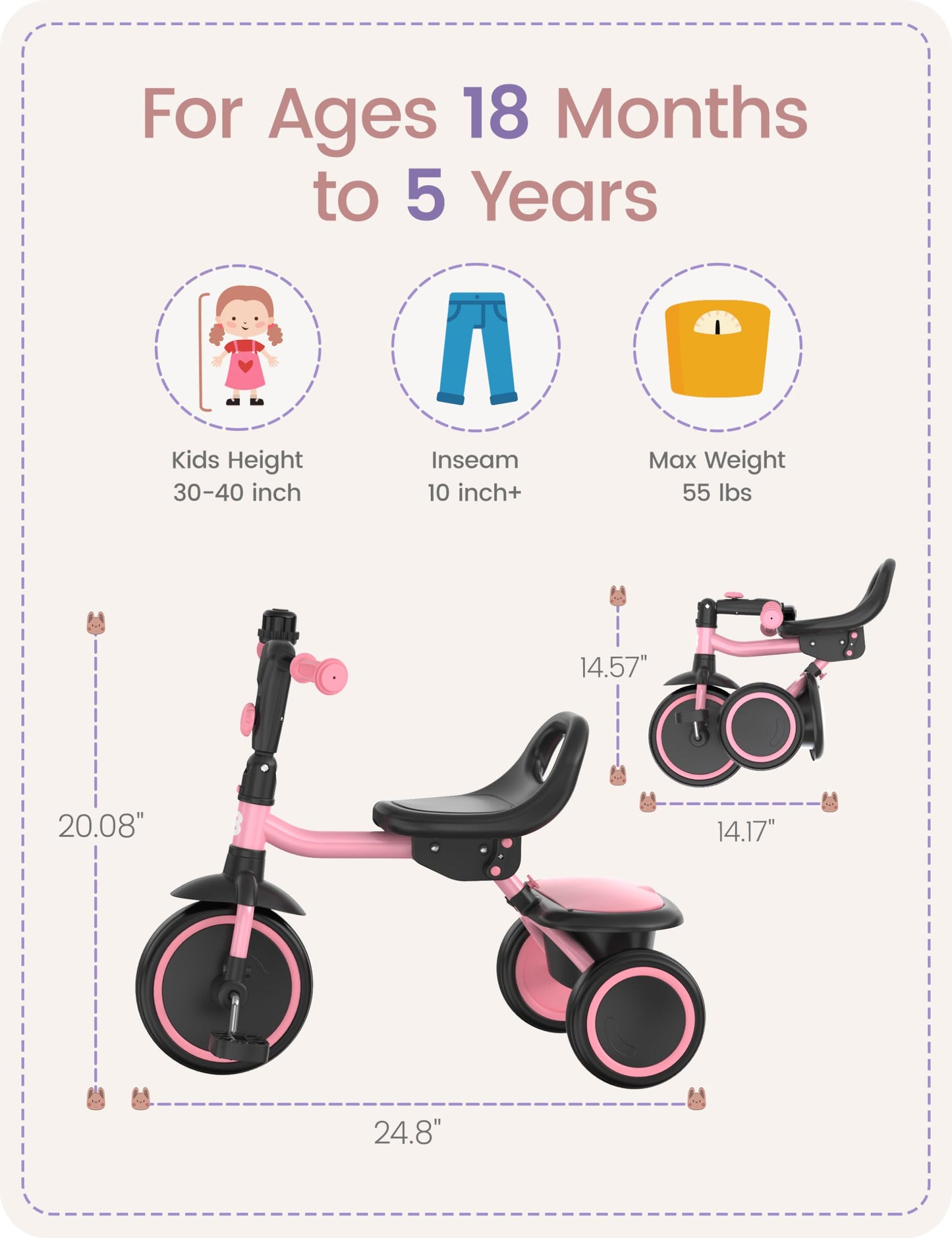 Pink besrey kids tricycle for toddlers ages 18 months to 5 years, featuring a sturdy frame and safety features for boys and girls.