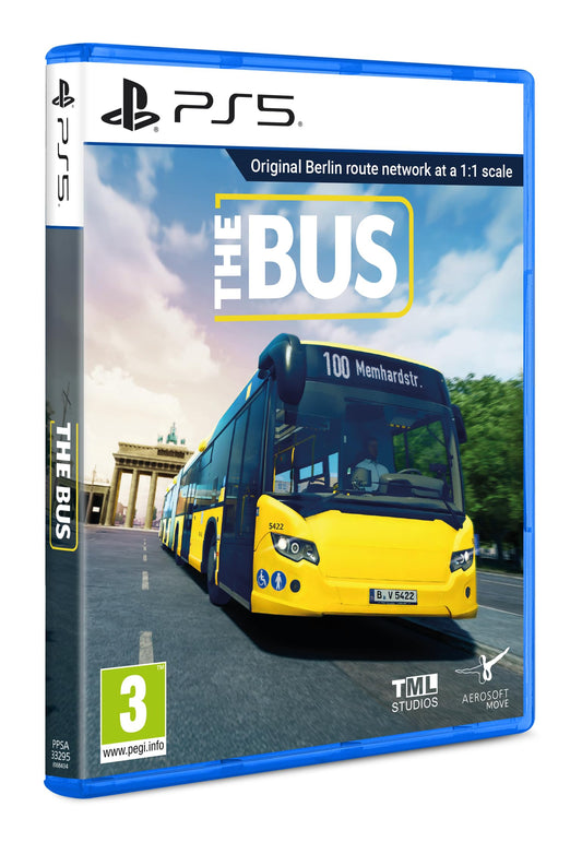 PlayStation 5 game "The Bus" by Aerosoft, showing a colorful bus station scene from the virtual simulation.