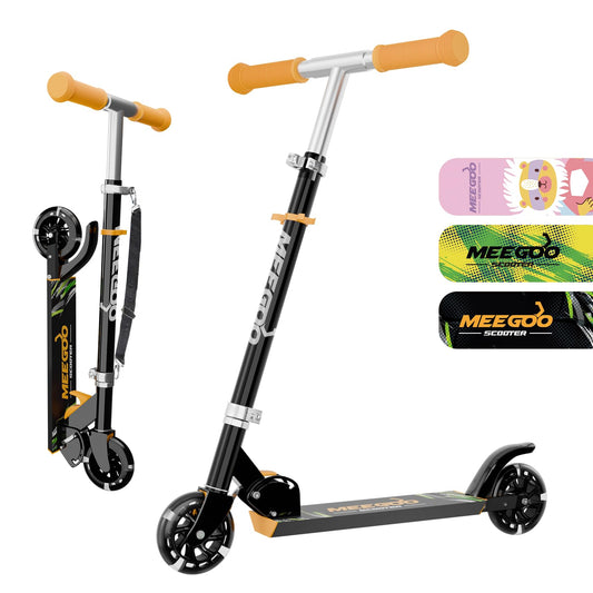 Black MEE GOO scooter for kids, featuring 2 light-up wheels, adjustable handlebar, and rear brake for safe riding.
