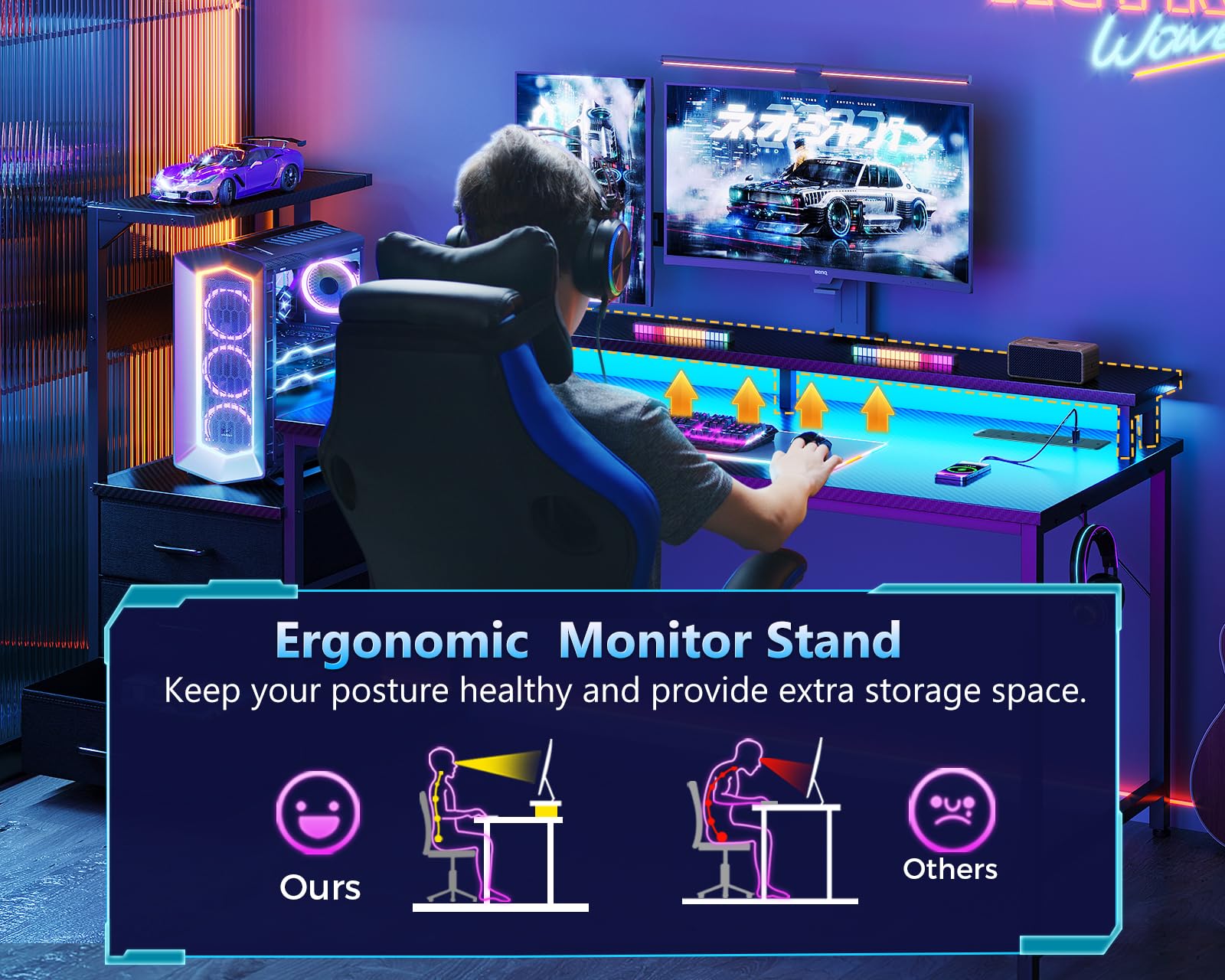 Coleshome gaming desk with LED lights, power outlet, drawers, monitor stand, and carbon fiber black finish.
