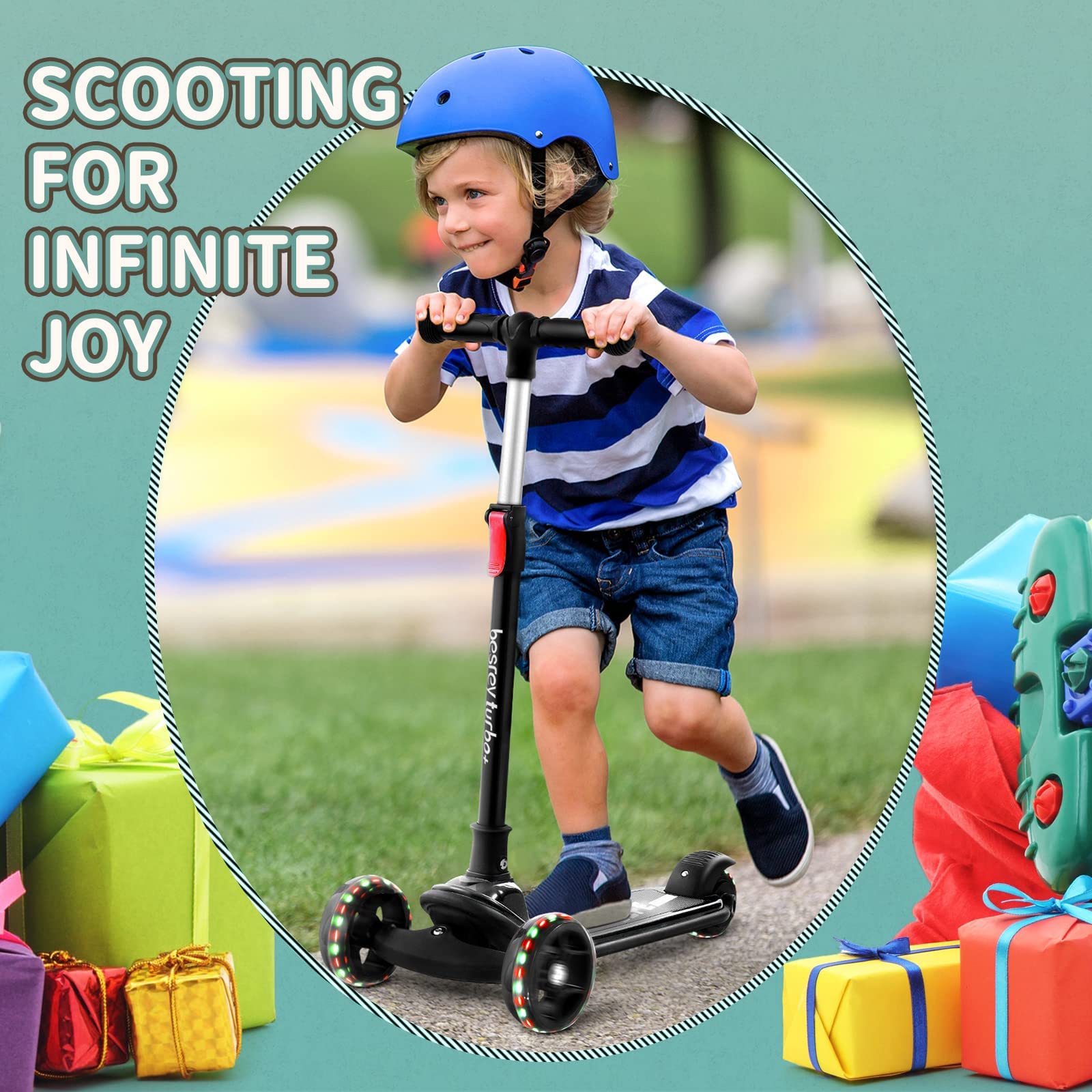besrey kids scooter with large wheels, foldable design, flashing LED lights, adjustable height, and three-wheel safety features.