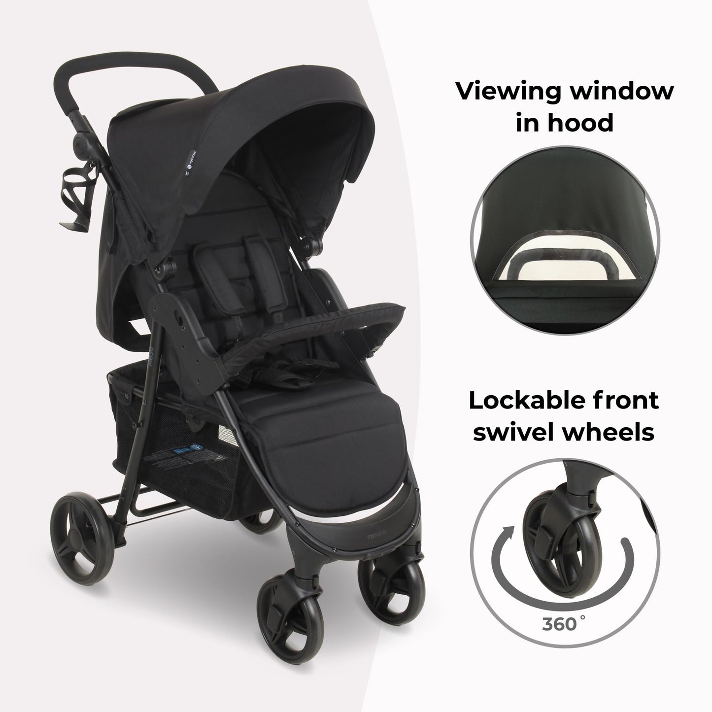 My Babiie MB30 Pushchair – from Birth to 4 Years (22kg), Easy Compact Fold, Large Shopping Basket, Adjustable Handle, Stroller Includes Cup Holder, Rain Cover – Black