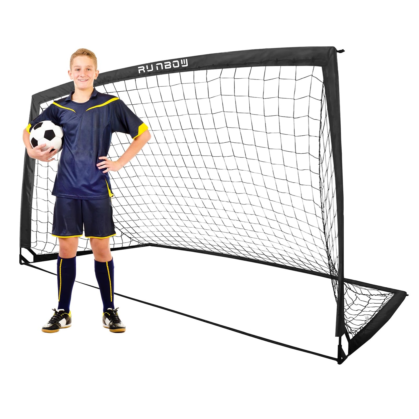 RUNBOW 9x5 ft Kids Football Goal, Portable Soccer Net for Adult Junior Backyard Practice with Carry Bag (Black, 1 Pack)