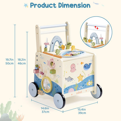 Wooden ROBUD baby walker with adjustable height, magnetic fishing rod, activity center, and underwater theme for toddlers 10-36 months.