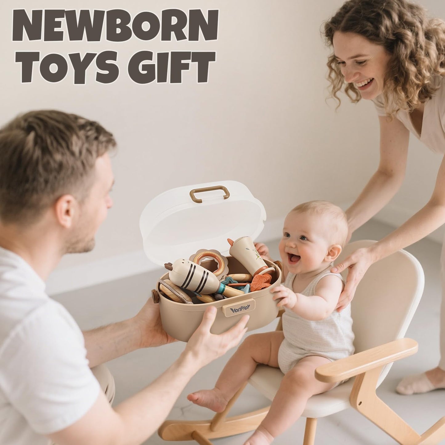Vanplay baby toys set for 0-6 months, including rattles and teething toys in a storage box, vibrant colors and textures.
