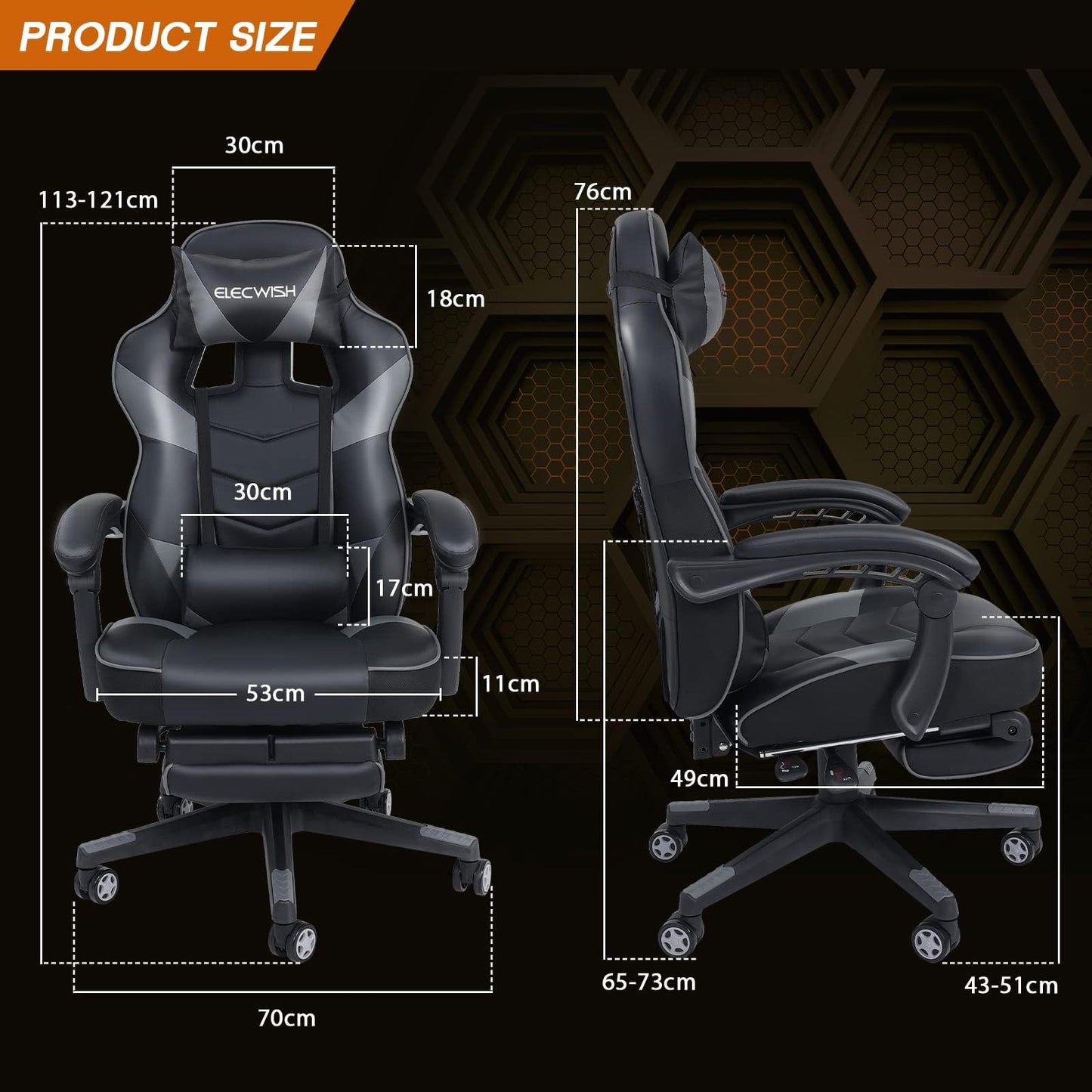 Grey PULUOMIS gaming chair with footrest, ergonomic design, headrest, lumbar support, and massage function for comfortable gaming.