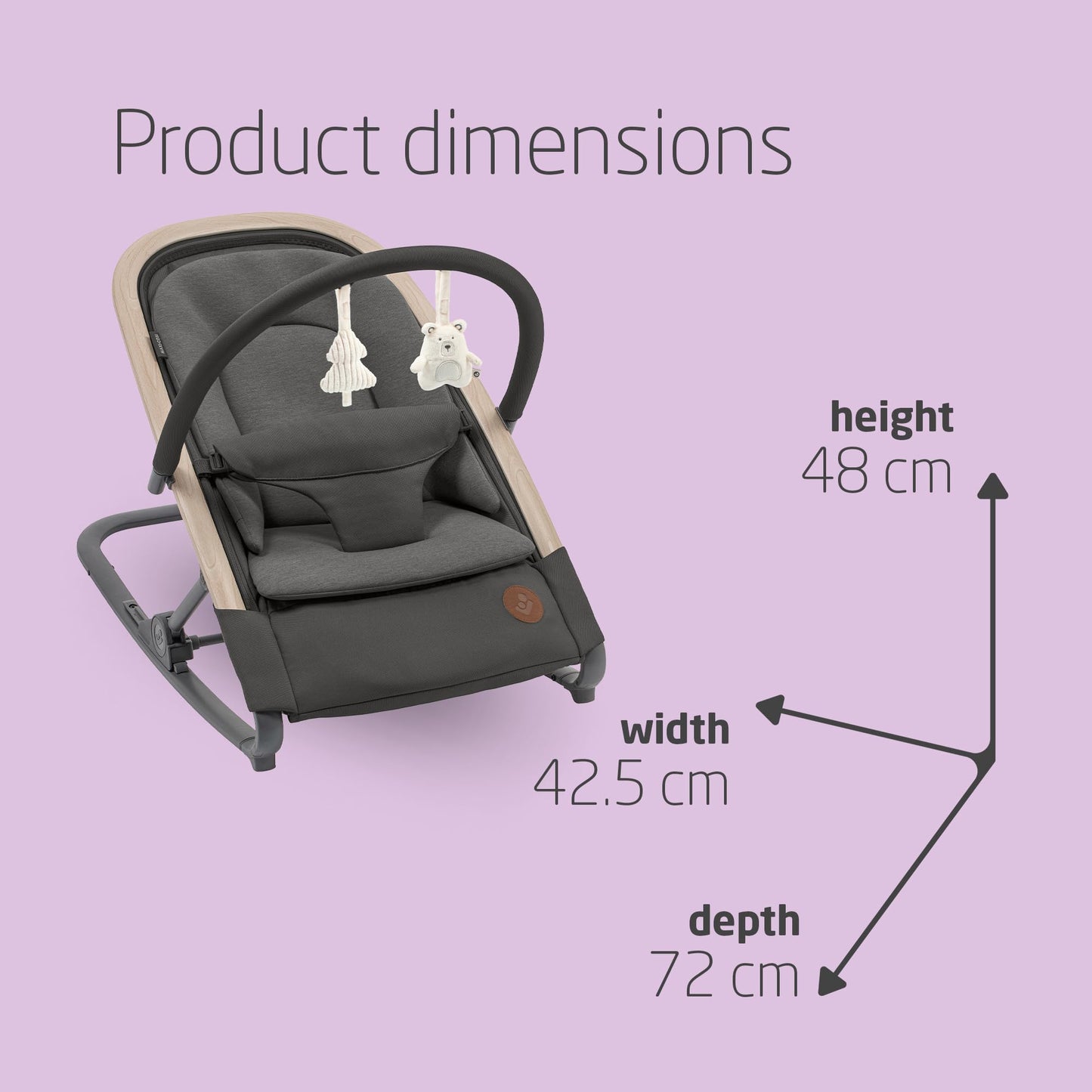Maxi-Cosi Kori 2-in-1 ergonomic baby bouncer chair with toy arch, adjustable recline, newborn pillow, lightweight design, in Beyond Graphite.