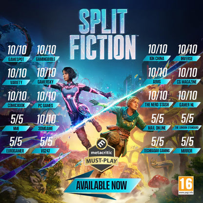 Split Fiction Xbox Series X video game by Electronic Arts, featuring artwork of the game's cover with characters and title.