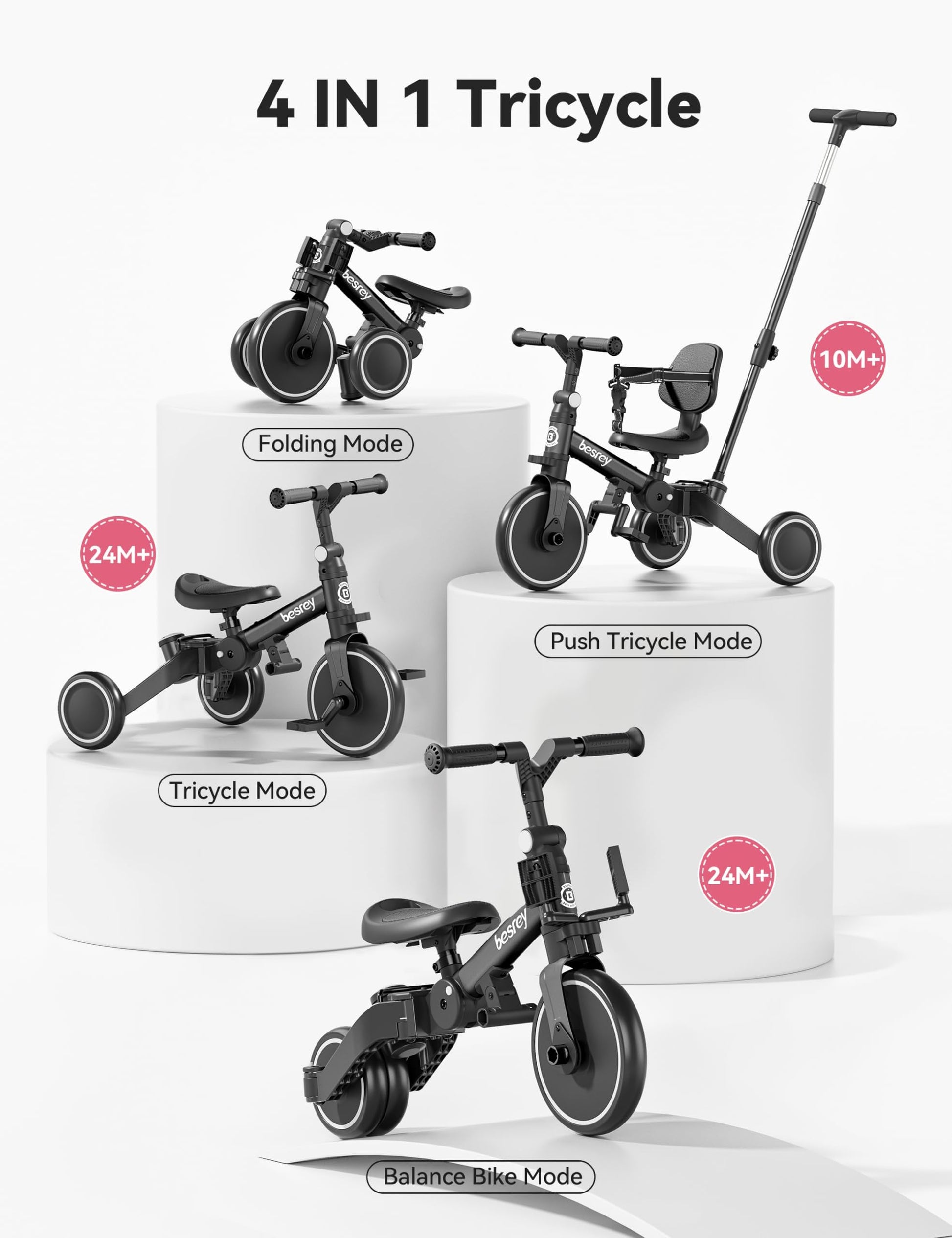 Black besrey toddler bike with push handle, removable pedals, and adjustable seat for 1-3 year old boys and girls.