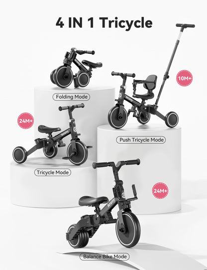 Black besrey toddler bike with push handle, removable pedals, and adjustable seat for 1-3 year old boys and girls.