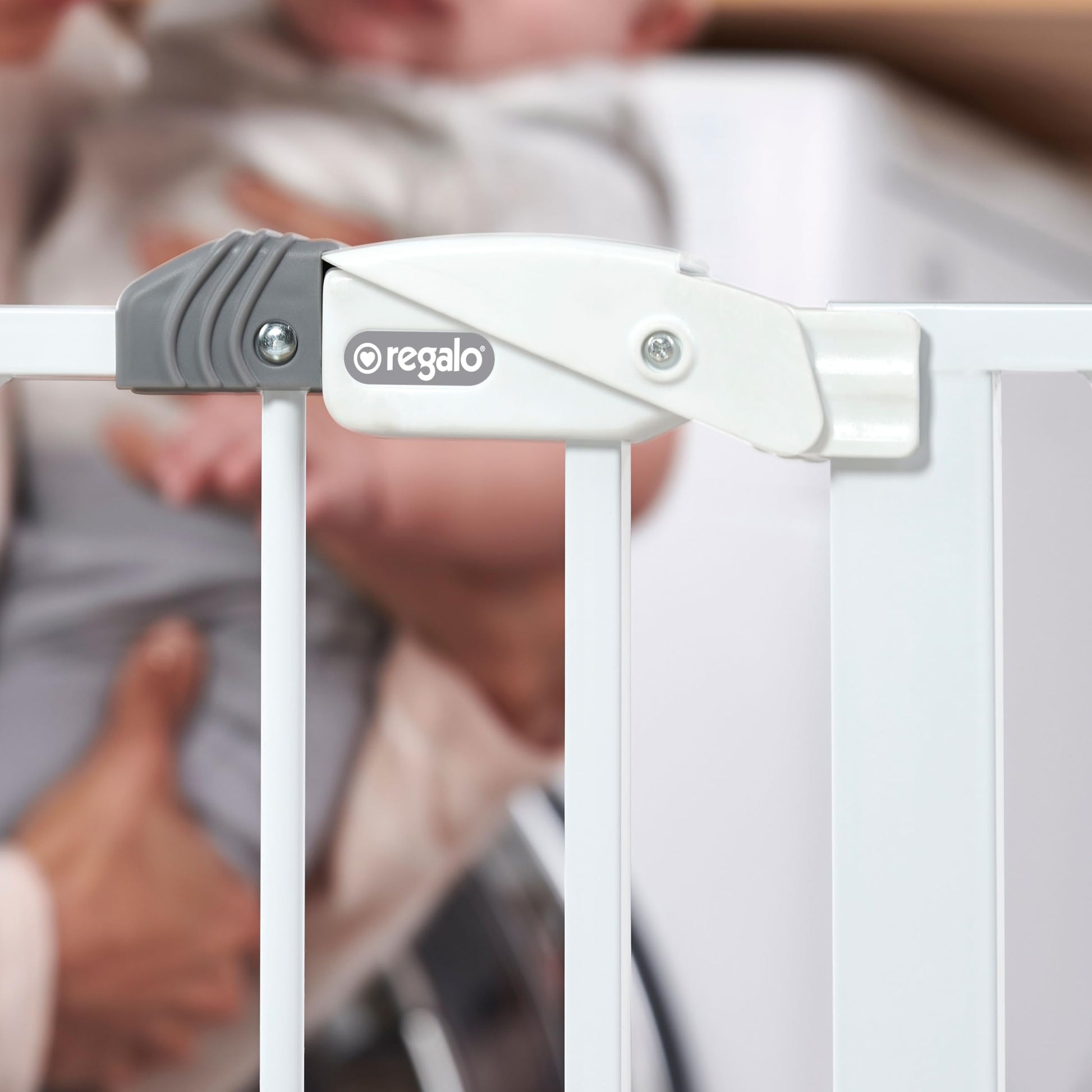 Regalo Easy Step Walk Thru Baby Safety Gate with pressure mount and 15 cm extension, showing secure locking mechanism and mesh sides.