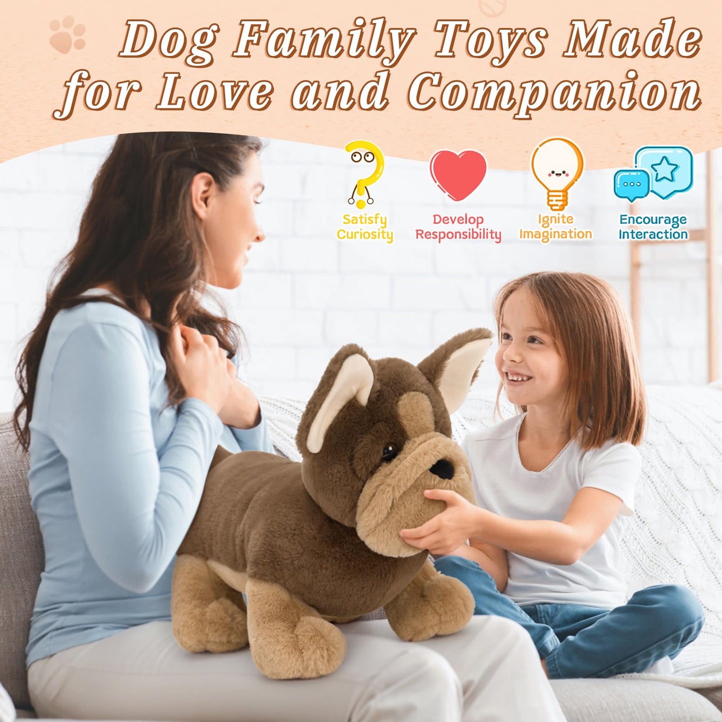 MorisMos Giant 45cm Dog Soft Toy with 3 Cuddly Puppies Baby Inside, Big Fluffly French Bulldog Plush, Realistic Kawaii Dog Teddy Gift for Kids Birthday Christmas Deco