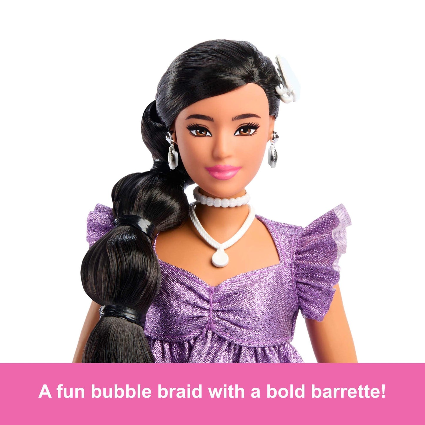 Barbie Deluxe Style Doll #8 in Metallic Purple Top and Sparkly Shorts, Black Hair in Braid, Accessories like Pearly Jewelry and Handbag, JFP43