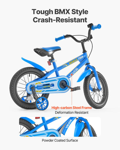 VEVOR Kids Bike, 35.56 cm BMX Style Children Bicycle, Rider Height 90 cm - 115 cm, Training Wheels Included, Sturdy and Easy to Assemble, Toddler Bike for Boys & Girls Learning to Ride, Blue