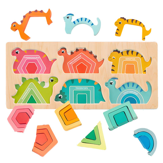 Wooden Dinosaur Building Blocks Puzzle Toys for Kids,Color Sorting Jigsaw Toy for Toddlers,Montessori Puzzles Panel for 3 Years+