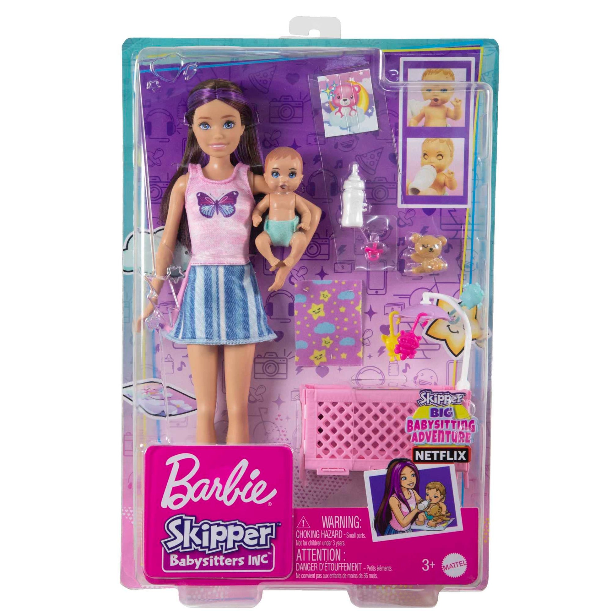 Barbie Skipper Babysitters Inc. crib toy playset with Skipper doll, sleepy-eyed baby doll, furniture, and accessories.