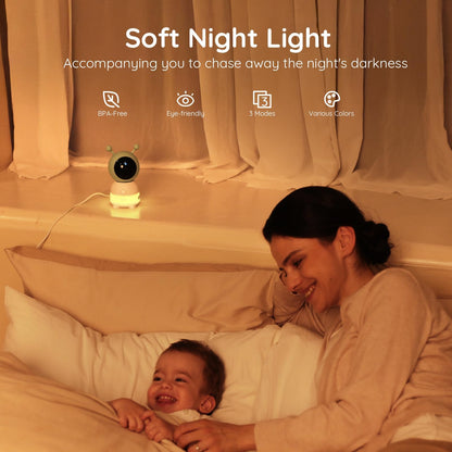 Boifun 2K WiFi baby monitor with 5-inch screen, night vision, PTZ camera, smart night light, and remote smartphone control.