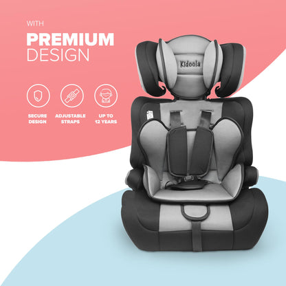 Kidoola Adjustable Car Seat for Toddlers & Children - Safety Certified Booster Seat, Padded & Comfortable with 3 Adjustable Age Functions & Straps, Up to 12 Years - ECE R44/04 (Grey & Black)