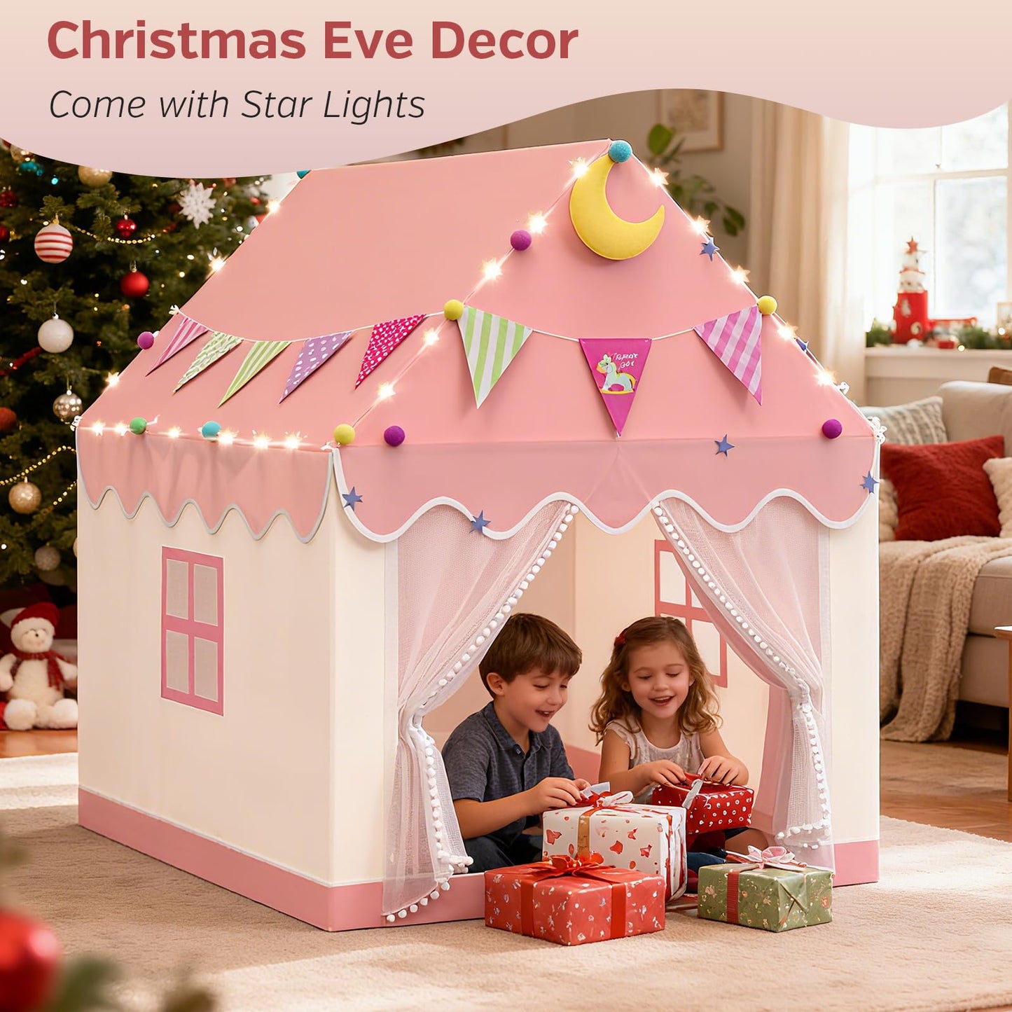 Kids Tent - 2 In 1 Kids Play Tent Children's Playhouse Indoor with Star Lights,Large Play Tent for House Outdoor Playground Children's Birthday Present
