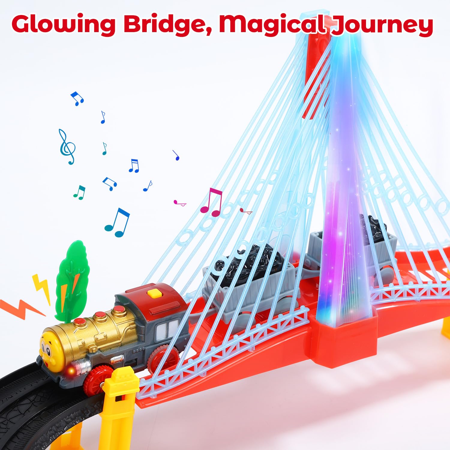 EagleStone electric train set for kids featuring double-layer tracks, lights-up bridge, signs, and accessories in a colorful railway layout