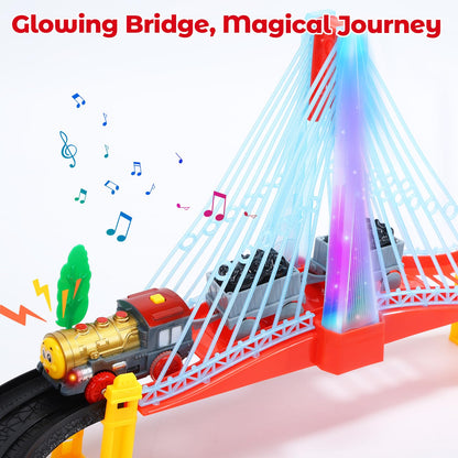 EagleStone electric train set for kids featuring double-layer tracks, lights-up bridge, signs, and accessories in a colorful railway layout
