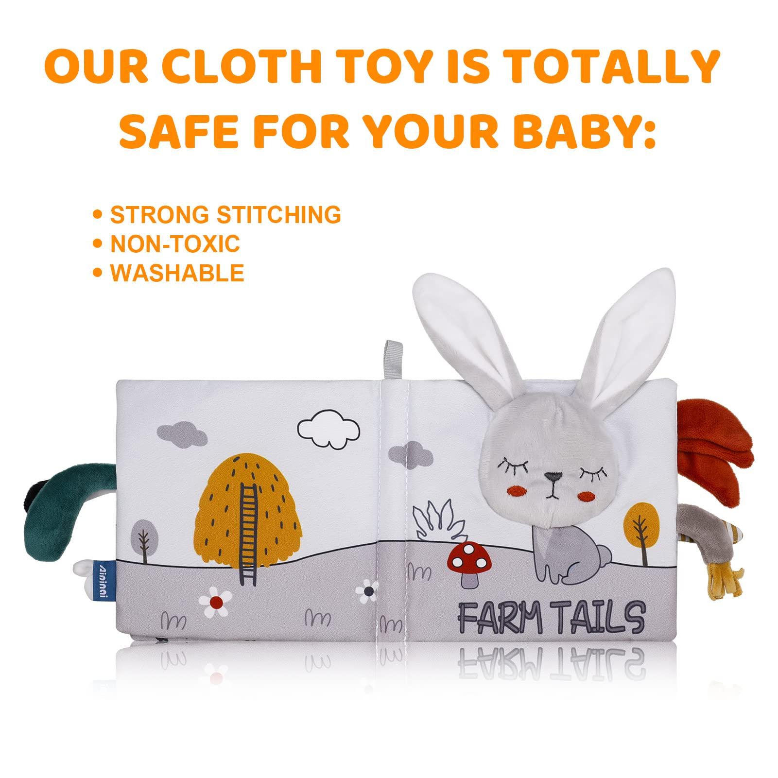 Firtink soft crinkle cloth baby book with high contrast images, fabric touch and feel pages for infant sensory development and early learning.