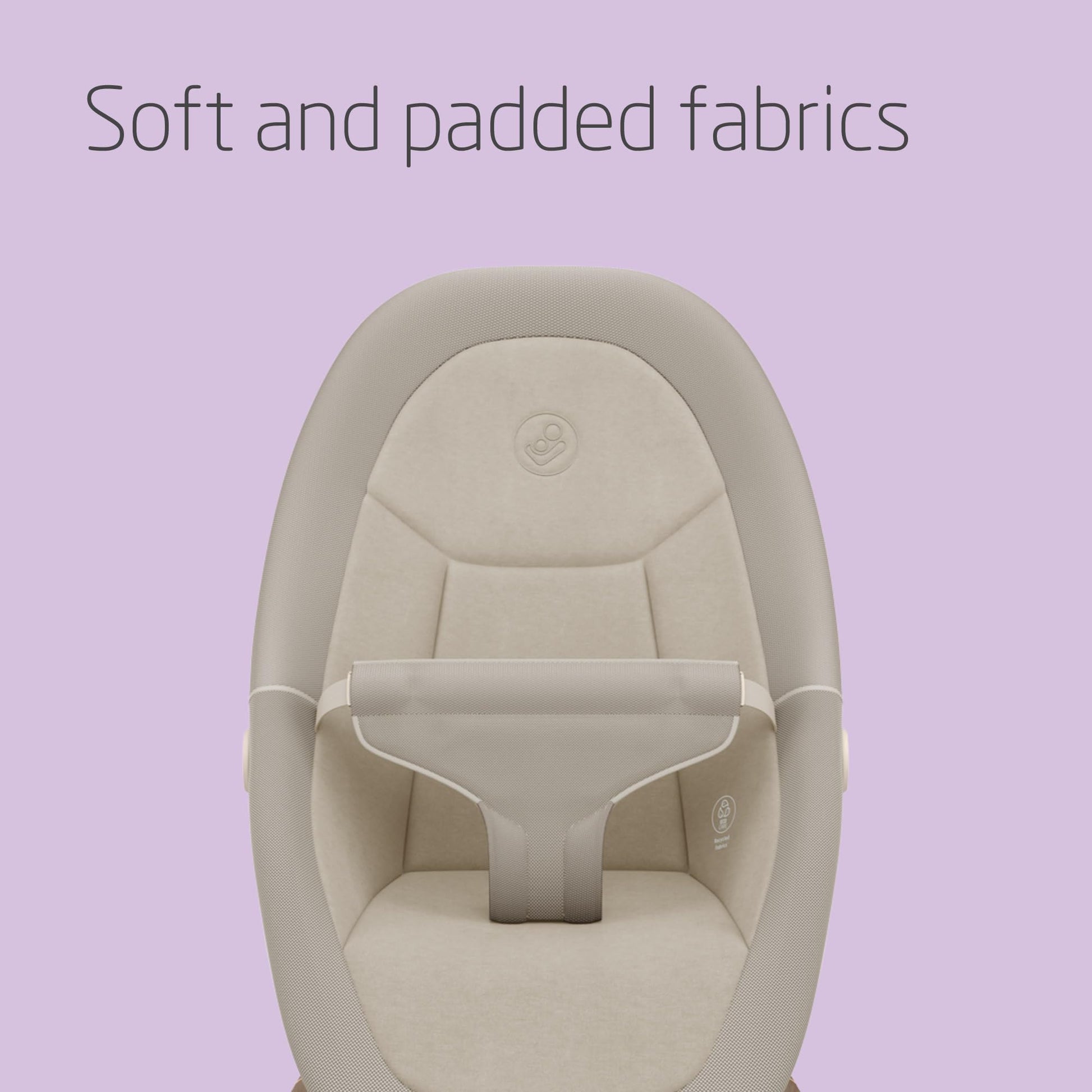 Maxi-Cosi Dove baby bouncer in beige with natural bouncing, foldable and portable design, made from eco-friendly recycled fabrics.