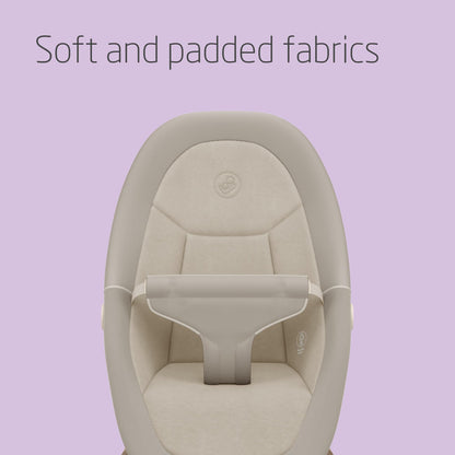 Maxi-Cosi Dove baby bouncer in beige with natural bouncing, foldable and portable design, made from eco-friendly recycled fabrics.