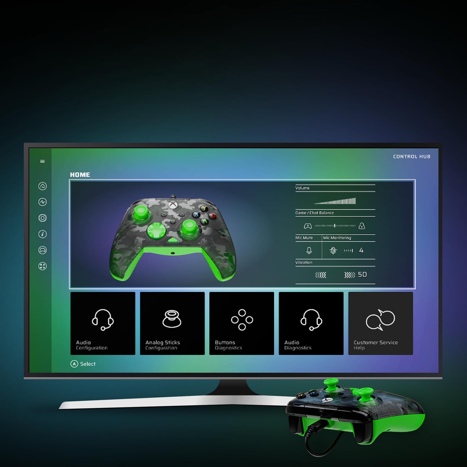 Turtle Beach Rematch Core wired gaming controller with green and ghost black camo design, audio controls, rumble motors, and impulse triggers.
