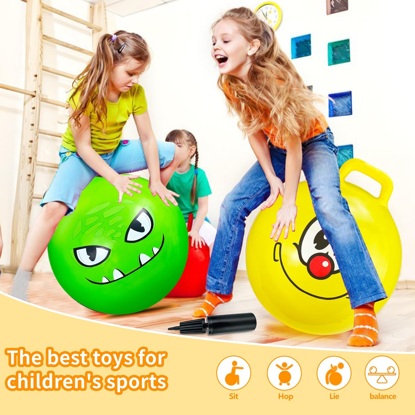 Hymaz Space Hopper for Kids Age 3-12, 3PCS Bouncy Ball 18 Inch with Handle, Inflatable Jumping Hopper Balls for Kids Outdoor Garden Party Games, Ride on Spin Toys Balance Exercise Fun