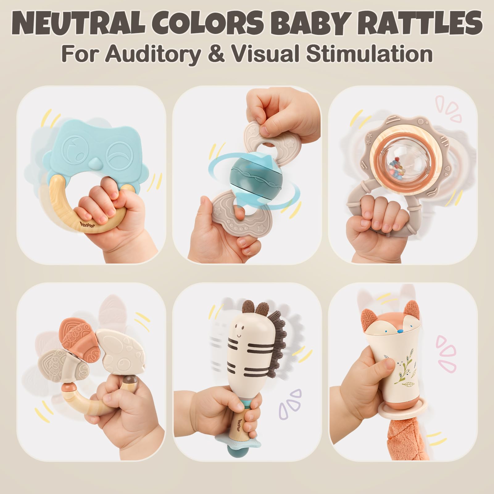 Vanplay 10-piece baby toy set with rattles and teething toys, stored in a colorful box for infants 0-6 months.
