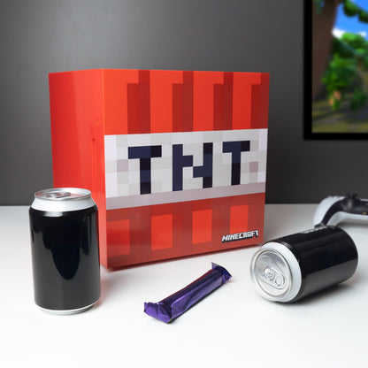 Menkind UKONiC Minecraft TNT Block mini fridge with AC/DC power, 6-can capacity, featuring a block design inspired by Minecraft.